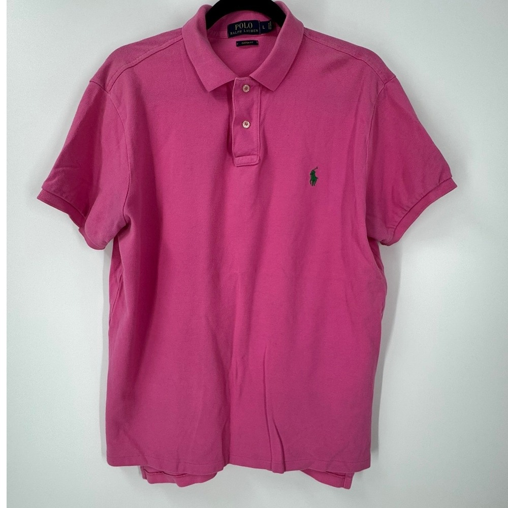Polo Ralph Lauren Mens Custom Fit Pink‎ Short Sleeve Polo Shirt Green Pony Large